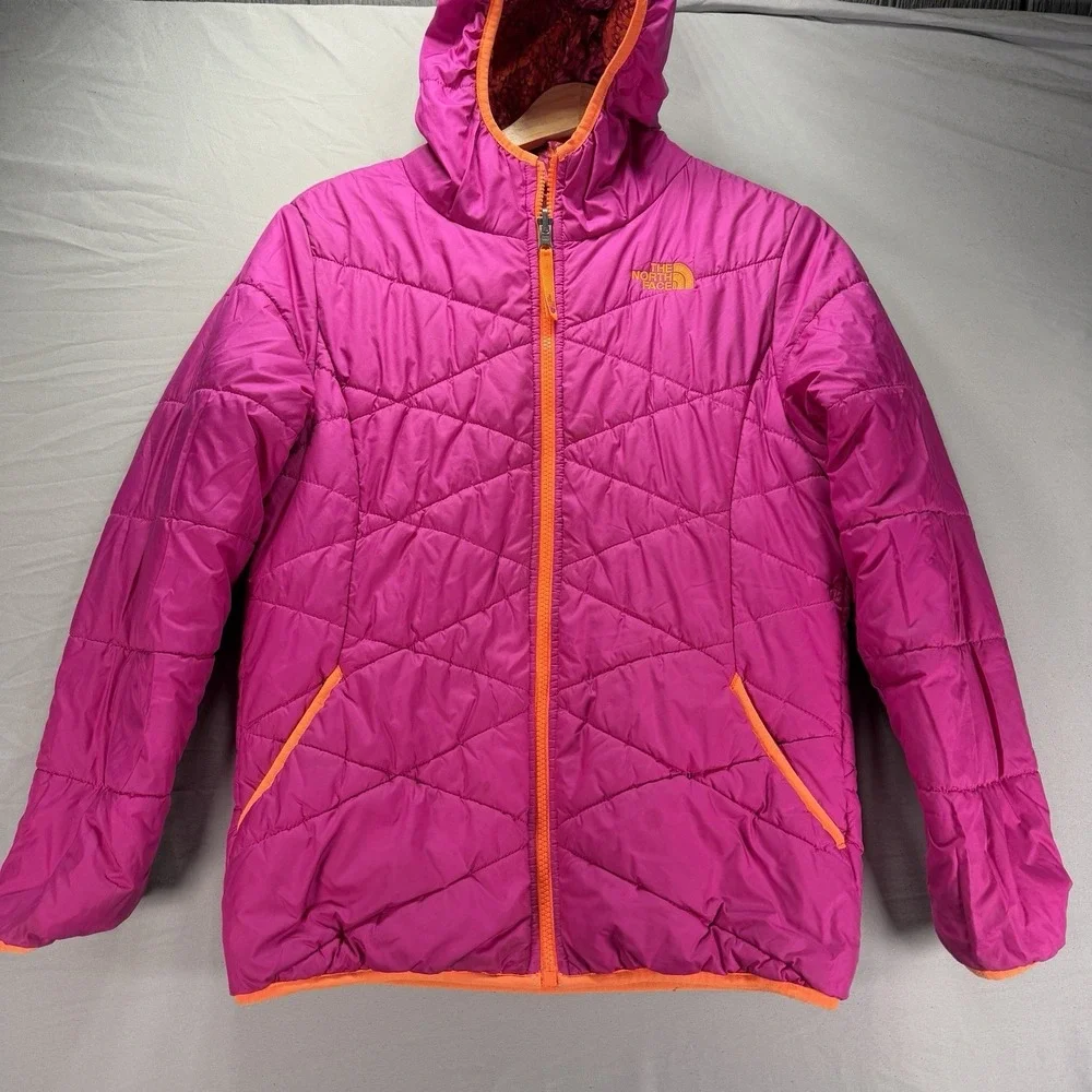 The North Face Puffer Jacket Youth Girls Large Pink Orange Reversible Hooded - Picture 6 of 12